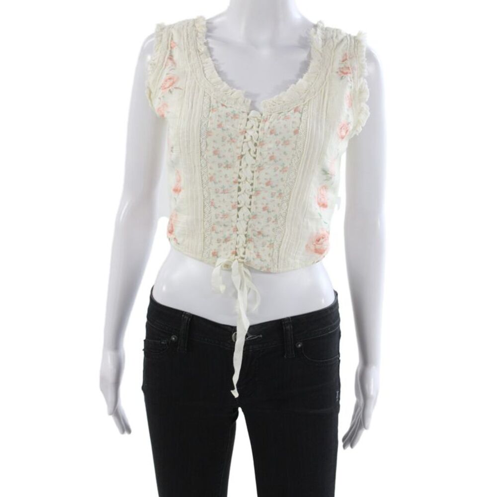 Love Shack Fancy Women Ivory Cotton Floral Lace Up Camisole Size 0